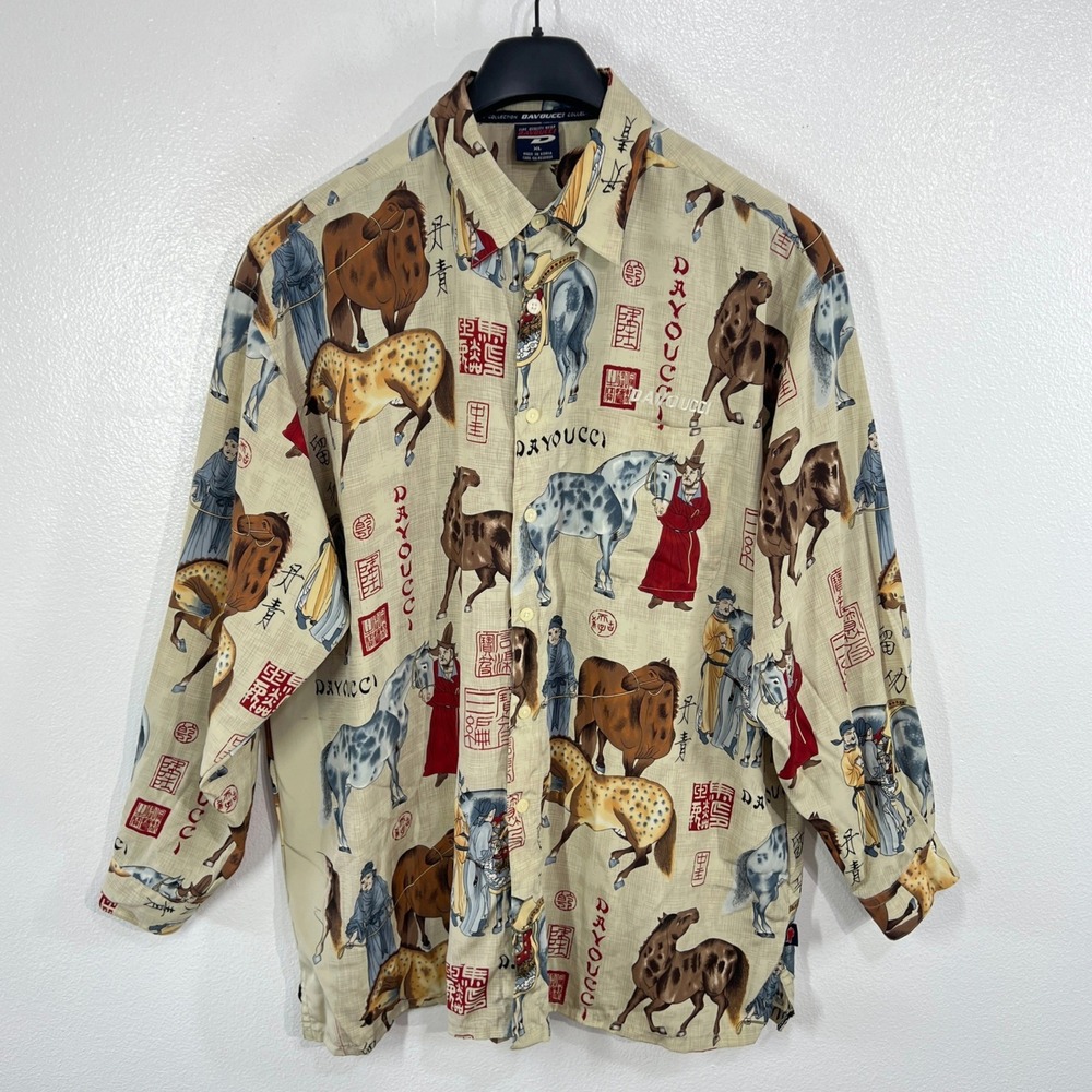 Vtg. Rare Davoucci XL Shirt Horse Asian‎ Script All Over Print Long Sleeve 90s